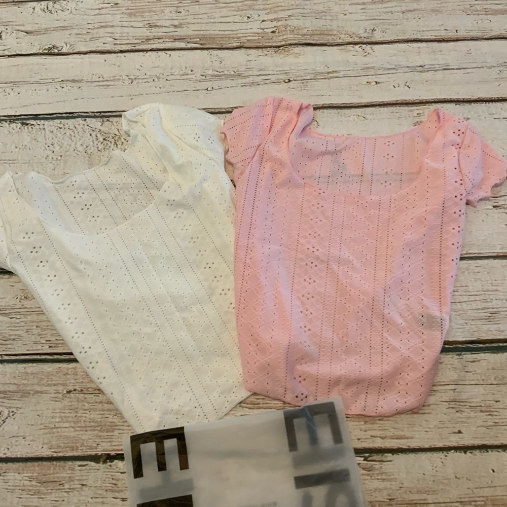 Shein Women’s LOT Eyelet Lace Short Sleeve Top XS (Pink‎ And White) New